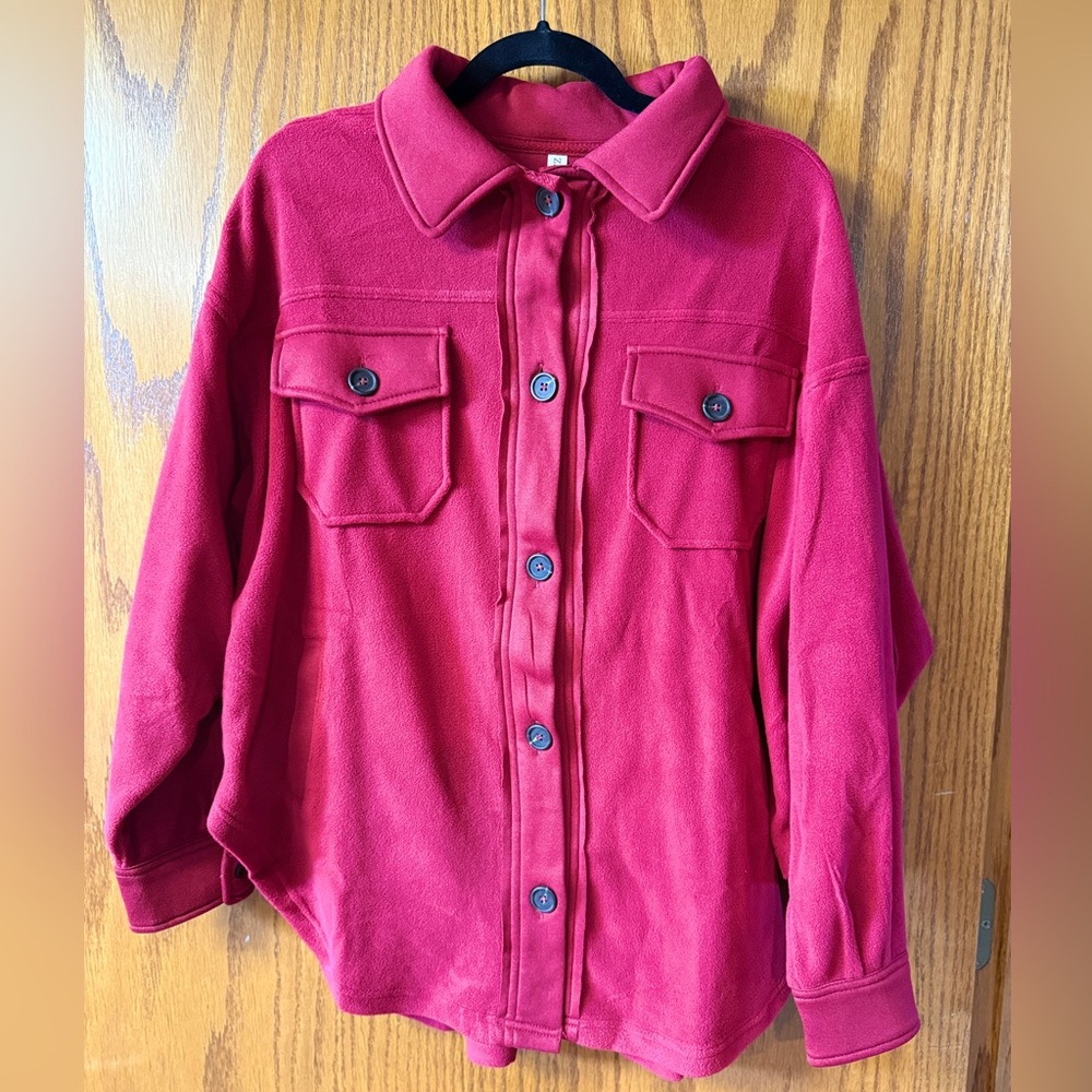 Zenana Outfitters Burgundy Button-Front Fleece Shacket (M)